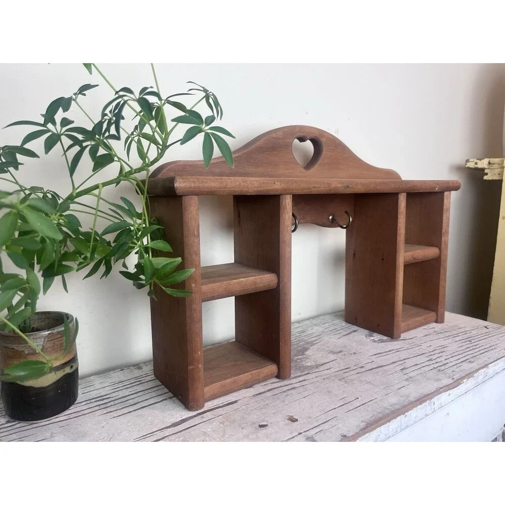 Vintage Wood Heart Cutout Trinket Shelf Shadowbox Cottage Farmhouse Key Holder